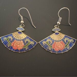 Vintage Gold tone Cloisonne Fan Blue Navy Pink Hook Dangle Earrings